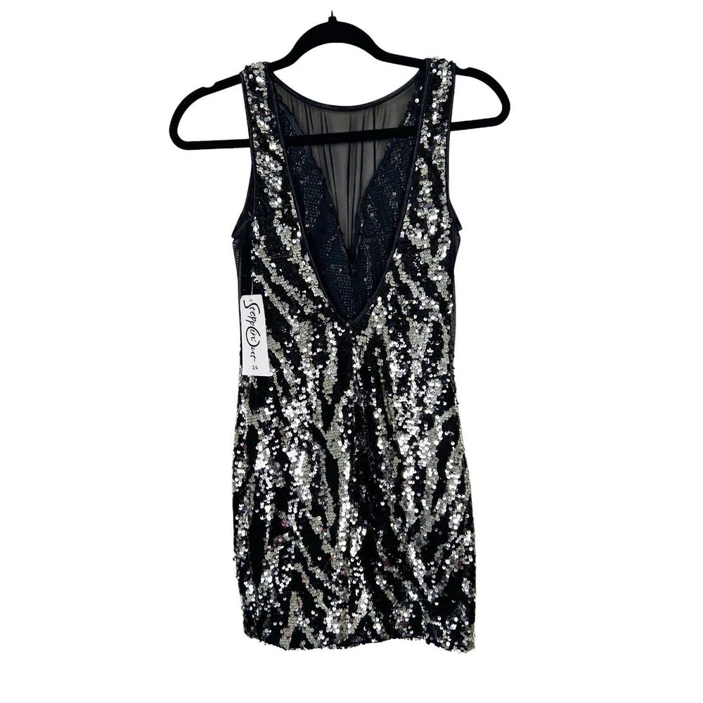 VTG Steppin Out Deep V Mesh Sequin Stretchy Mini Dress NWT Sz 3/4 Zebra - Picture 2 of 7